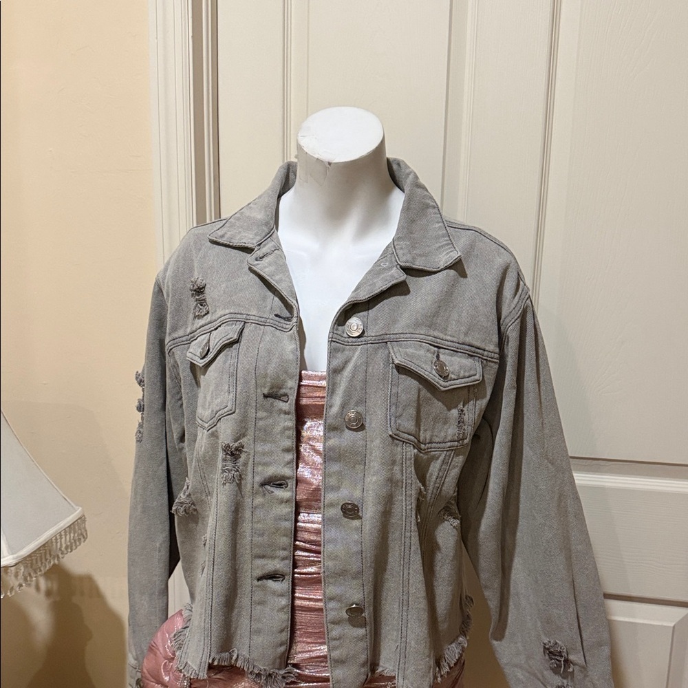 POL Light Gray Distressed Denim Jacket Small. Stretch.